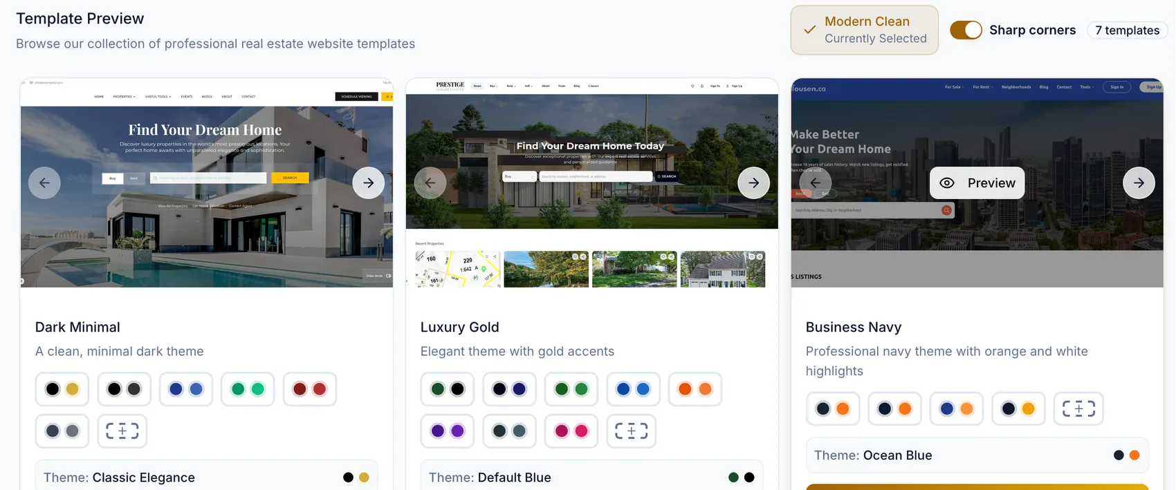 The website template gallery on a desktop screen