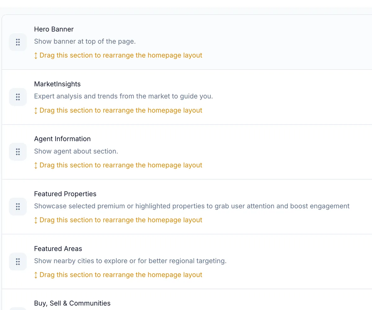 The homepage layout screen, with each section draggable into a new order