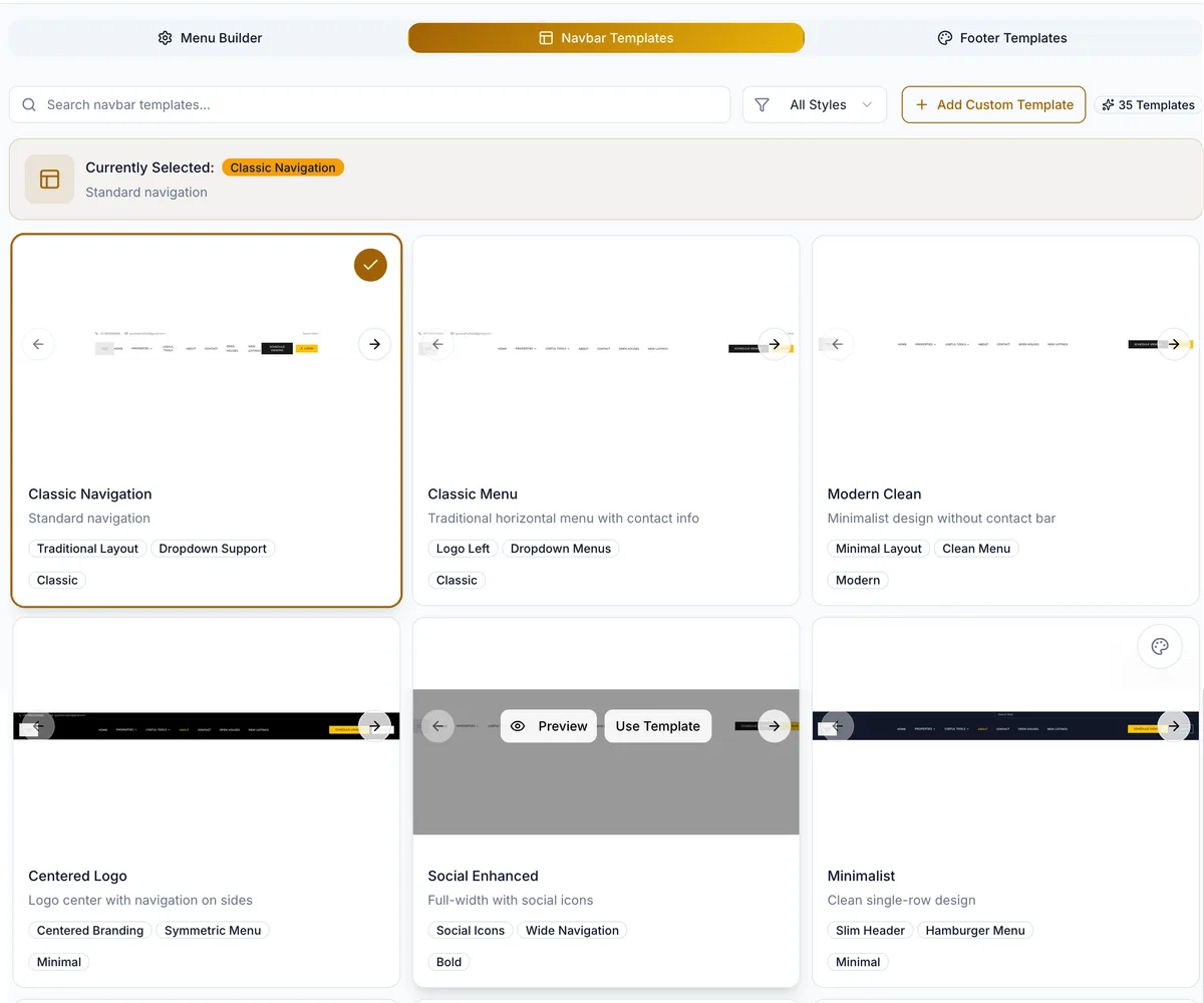 The navbar template gallery, showing header layouts with their style tags