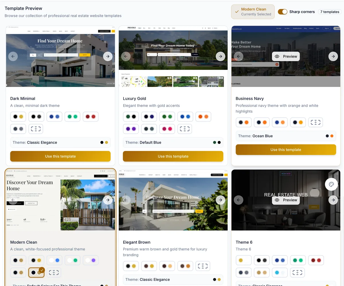 The template gallery, showing website themes and their colour schemes
