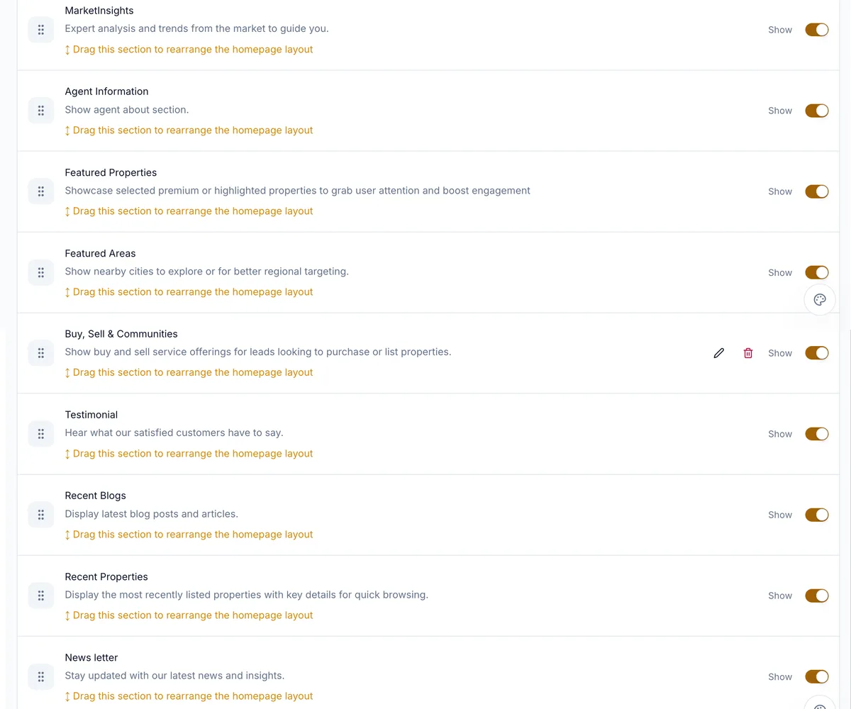 The homepage section list, each with a show or hide toggle