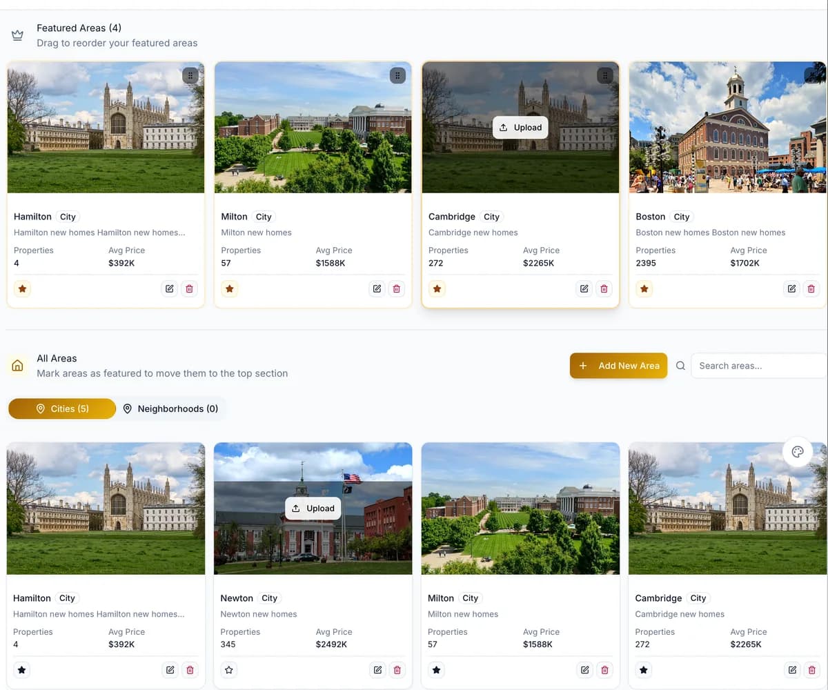 The featured areas screen, showing cities with property counts and average prices