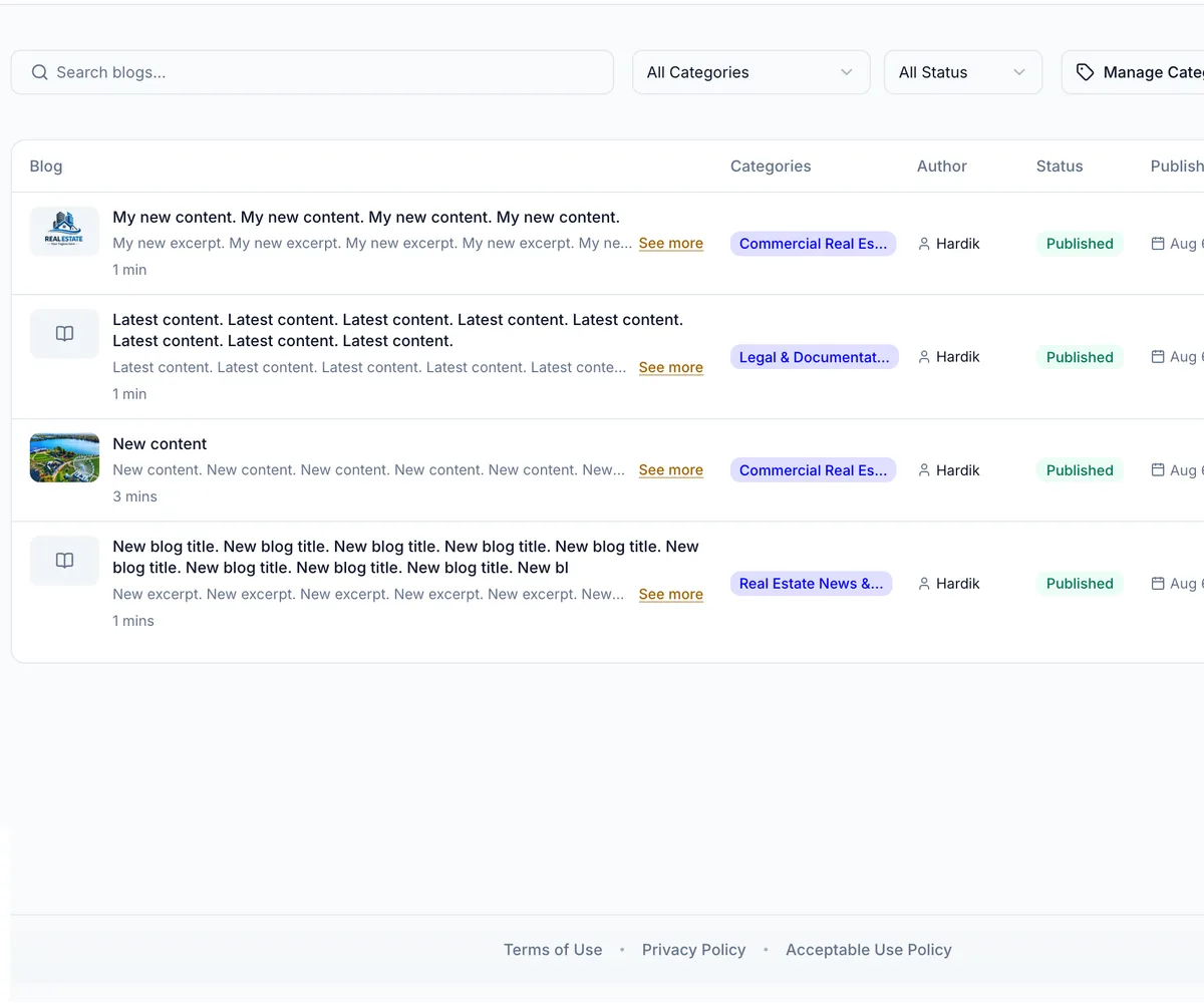The blog list, showing categories, author, status, publish date and views