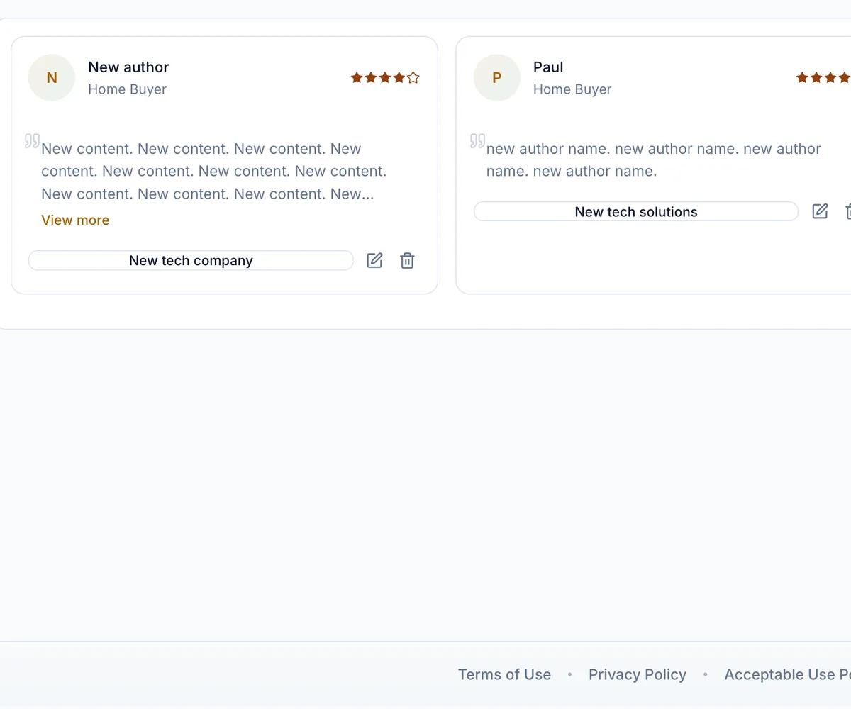 The testimonials screen, showing reviews with ratings and the Google import action