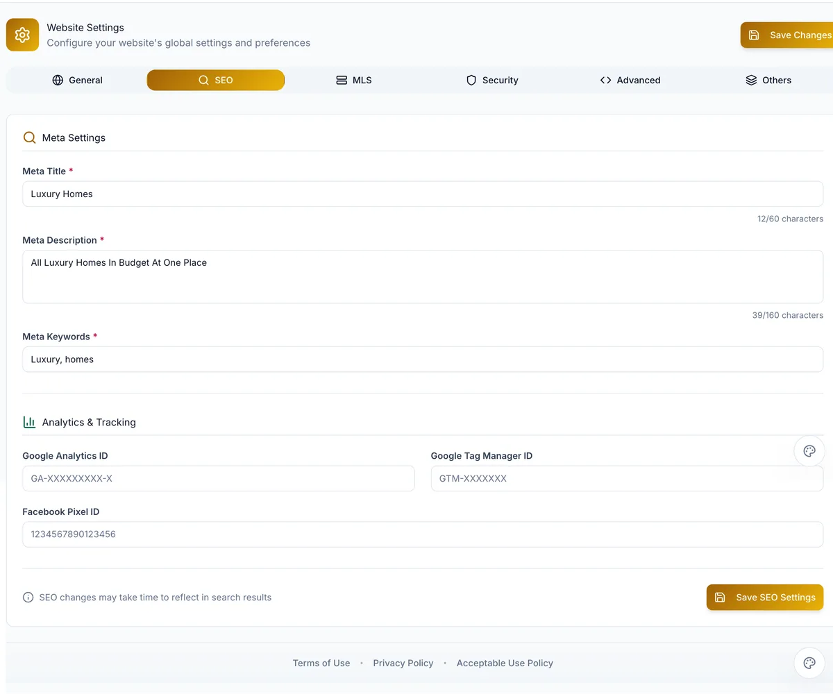 The SEO settings tab, showing meta fields with character counts and analytics IDs