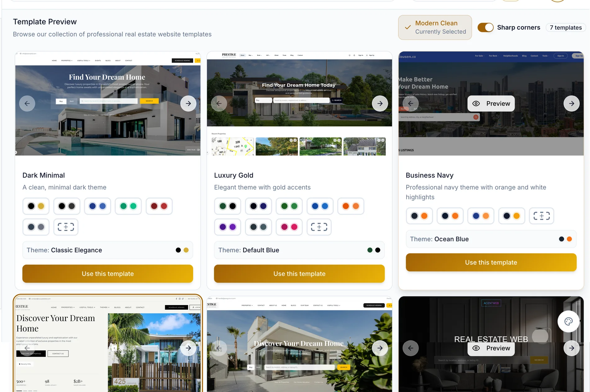 The template gallery in the RealFoyer website builder, showing seven real estate website themes with their colour schemes