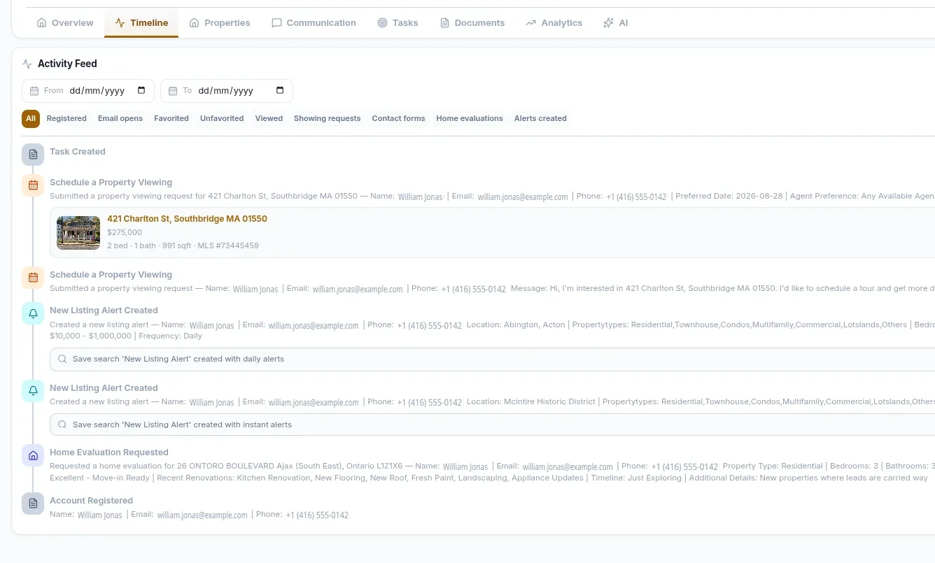 The activity feed for a lead, filtered by event type