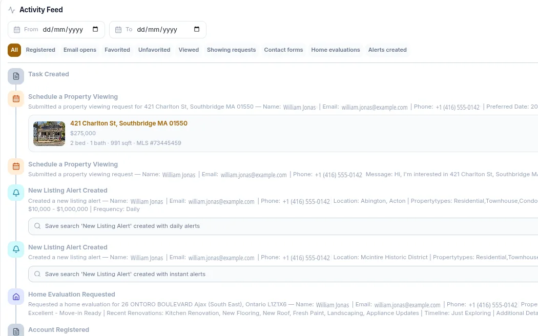 The activity feed for a lead, filtered by event type