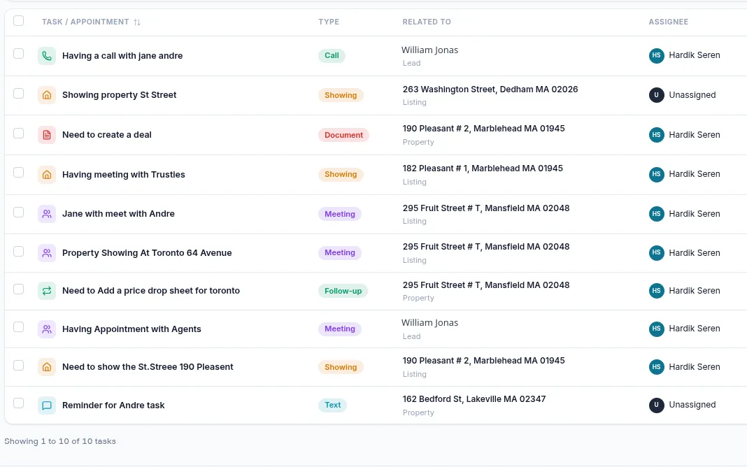 The task list, showing type, related record, assignee, due date, priority and reminder