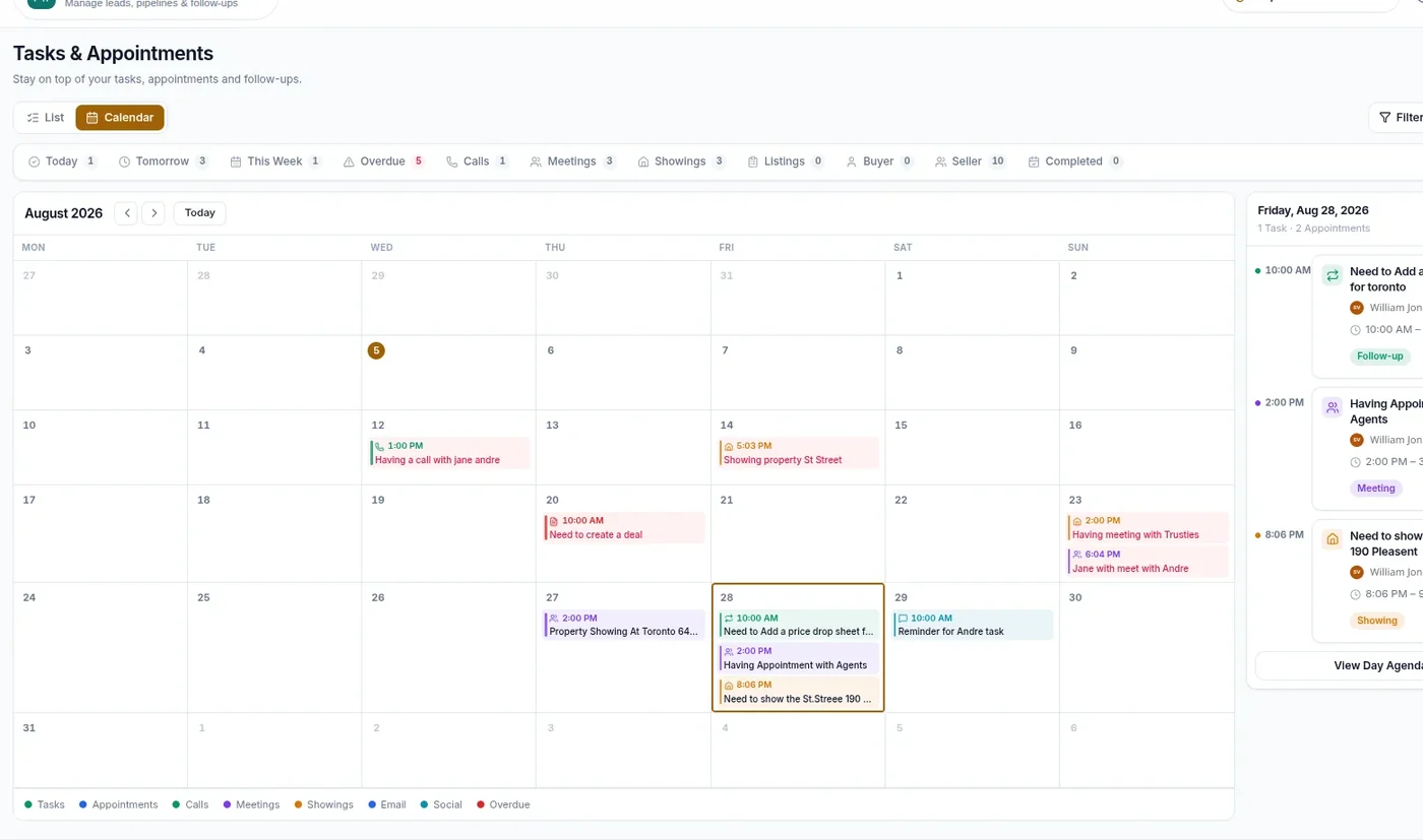 The tasks and appointments calendar for the month, with the day agenda beside it