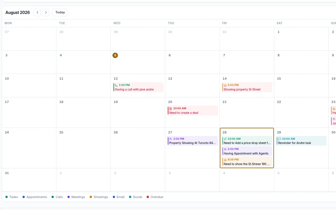 The tasks and appointments calendar for the month, with the day agenda beside it