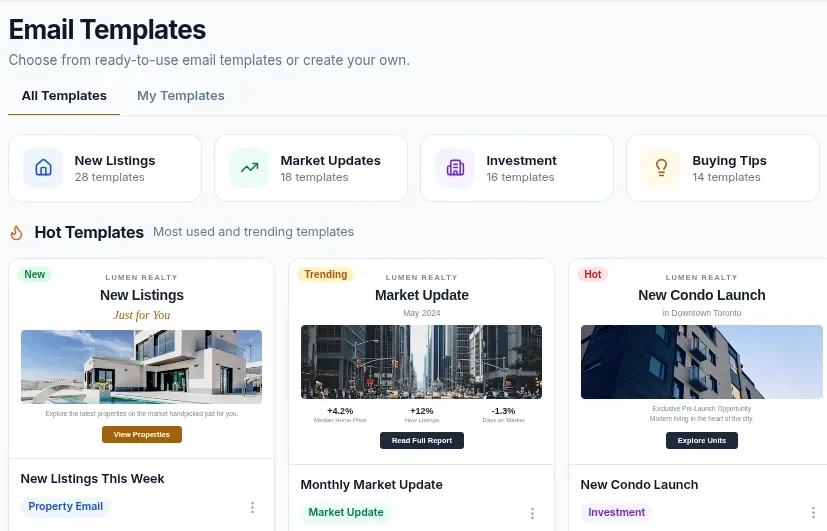 The email template library, grouped by new listings, market updates, open houses and more