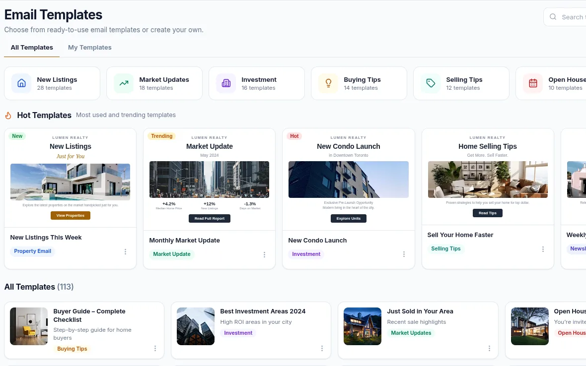 The email template library, grouped by new listings, market updates, open houses and more