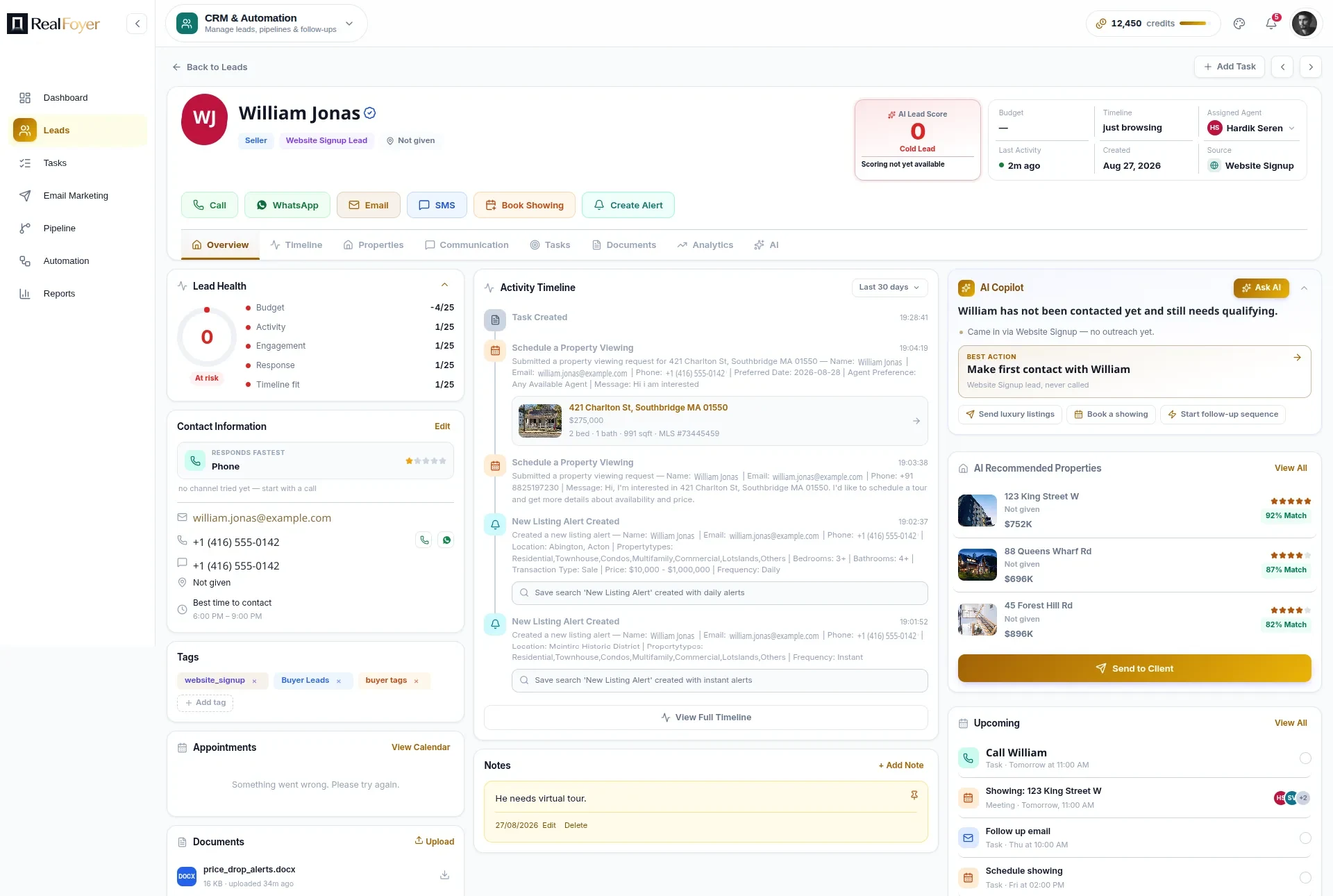 A lead record in the RealFoyer CRM for William Jonas, showing lead health scoring, contact details, the activity timeline, notes and upcoming tasks