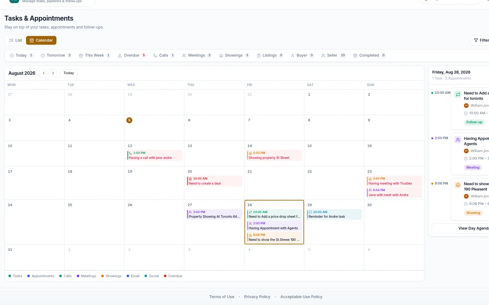 The same tasks and appointments shown on a month calendar with the day agenda