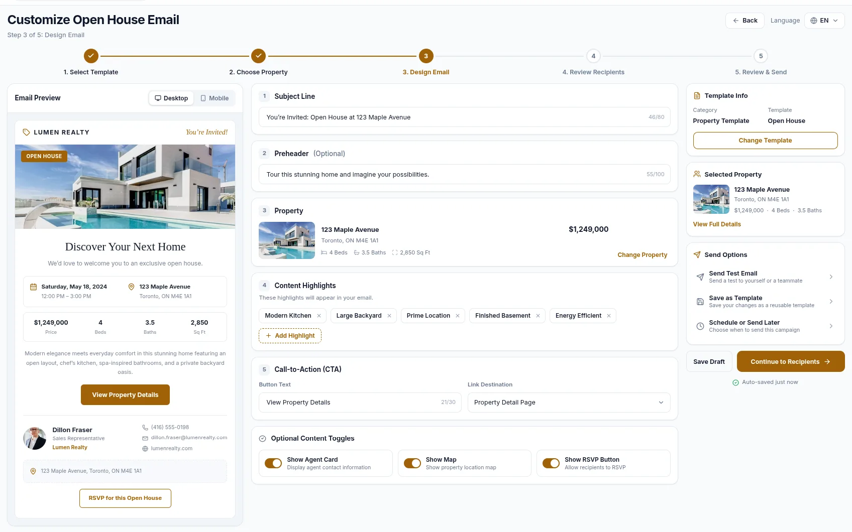 The guided email editor with a listing template open and a live preview