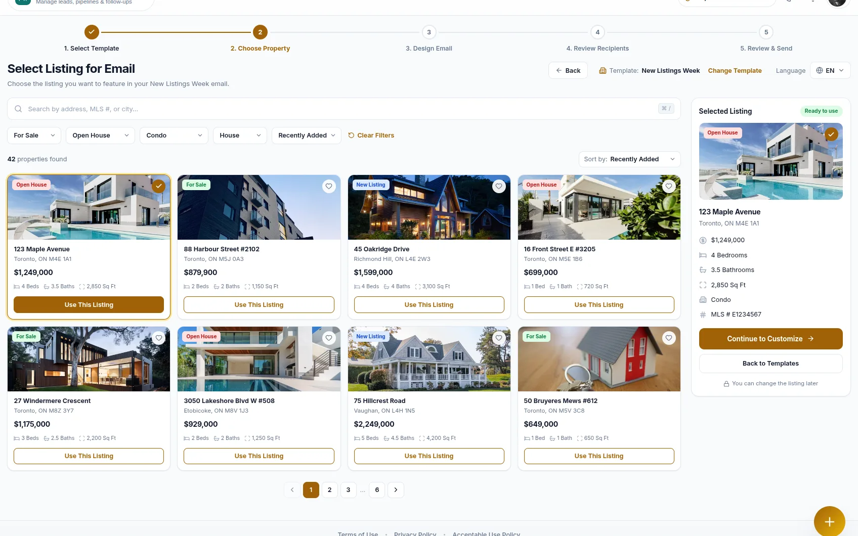 Selecting a listing to feature in an email campaign