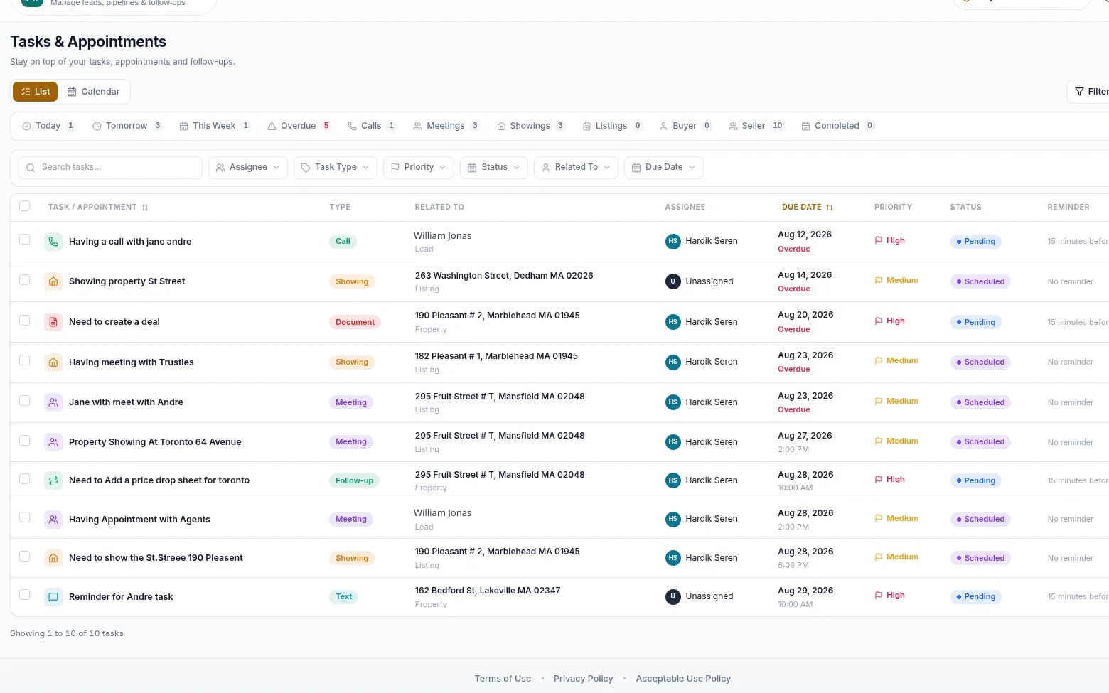 The tasks and appointments calendar