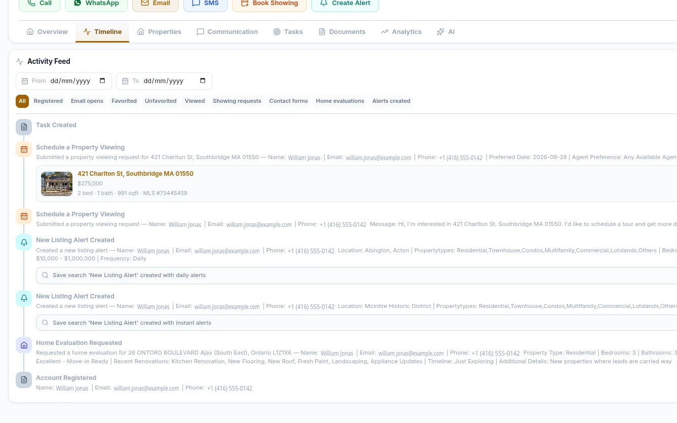 The activity feed for a lead