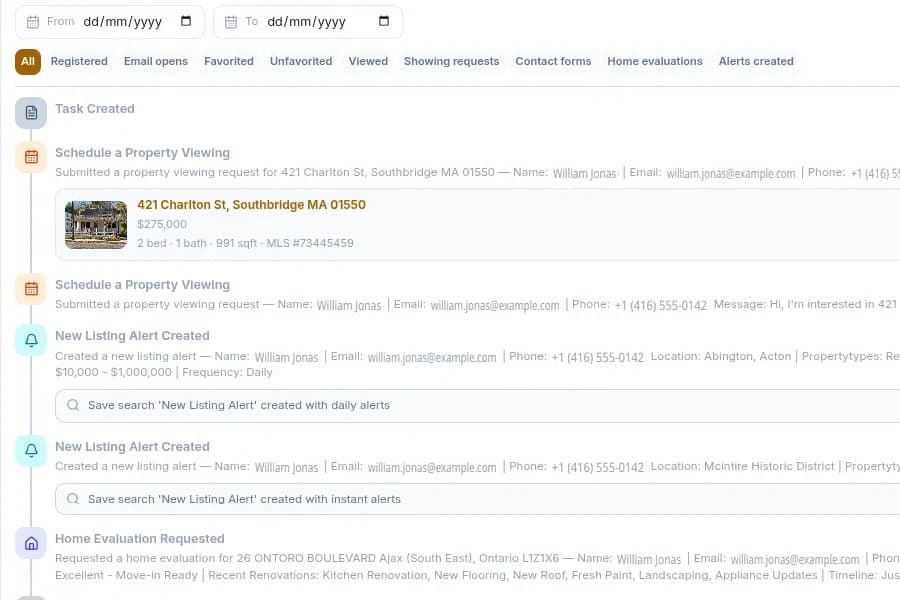A lead’s activity feed in the CRM, with a Home Evaluation Requested entry and the Home evaluations filter