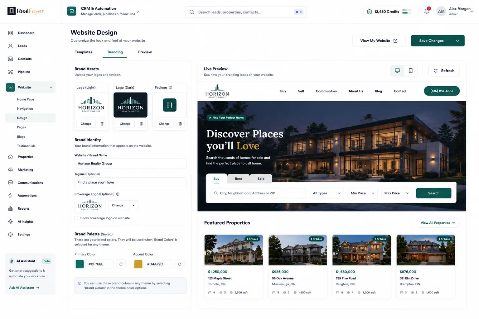 Branding settings with logo and colour controls