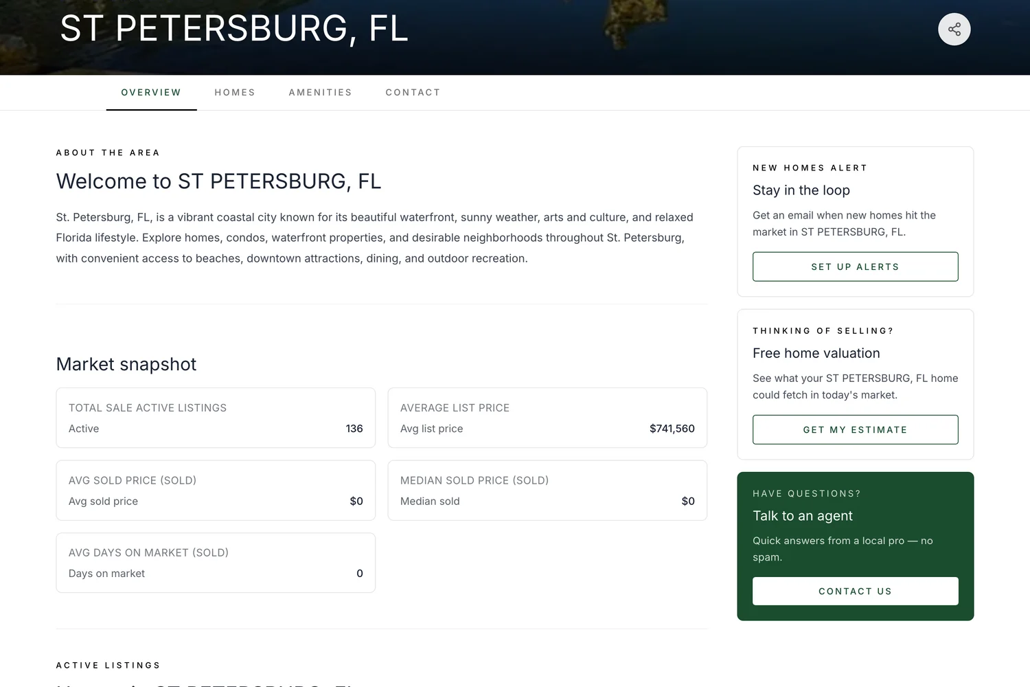 Community area page for St Petersburg with market snapshot and homes in the area