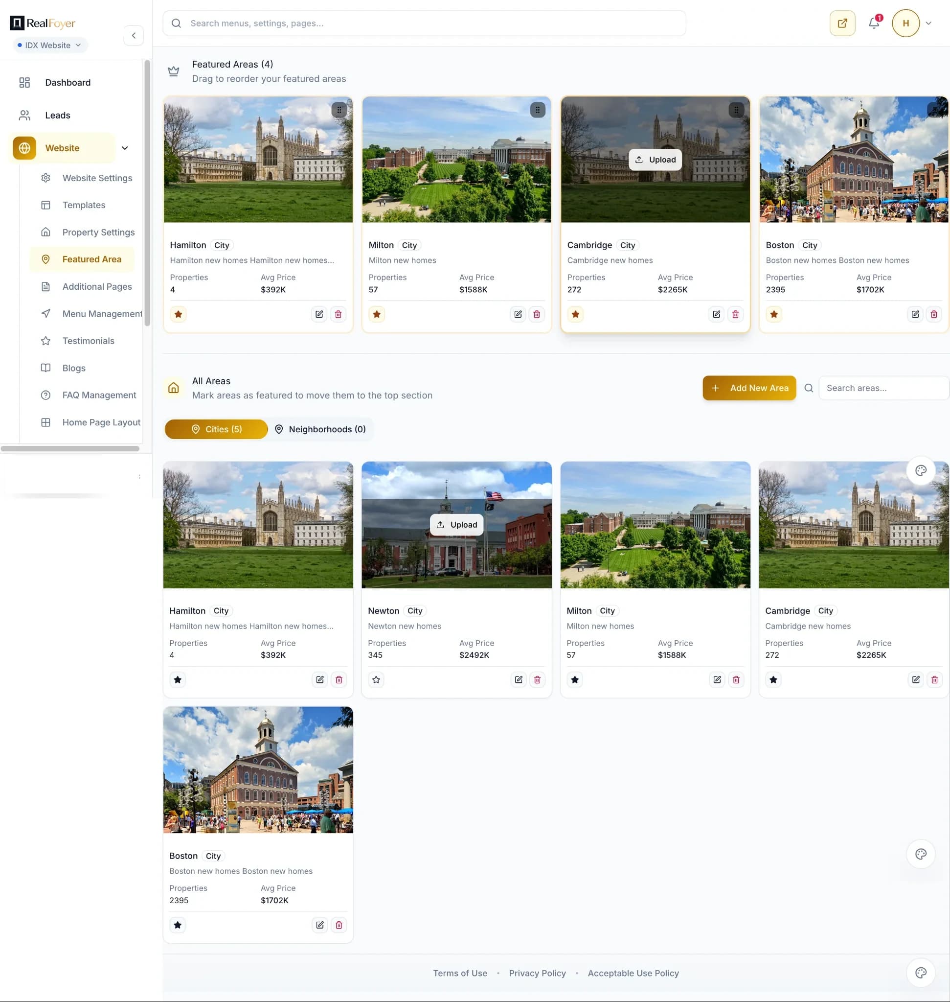 Featured areas management screen