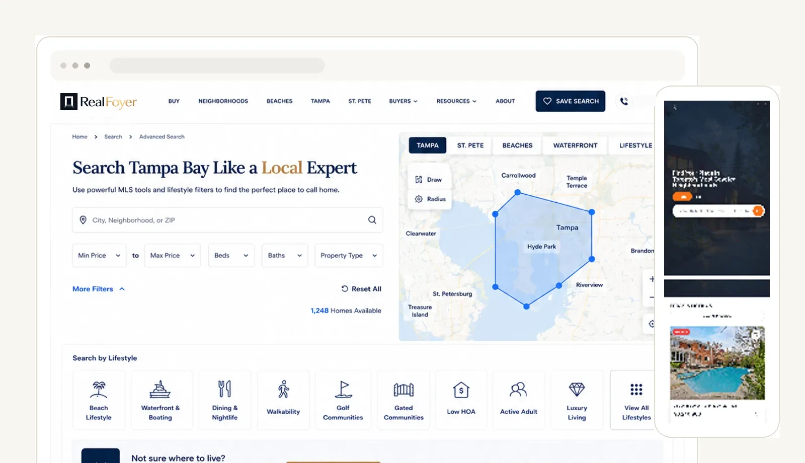 RealFoyer IDX website showing advanced MLS search with map and lifestyle filters, with the mobile site alongside