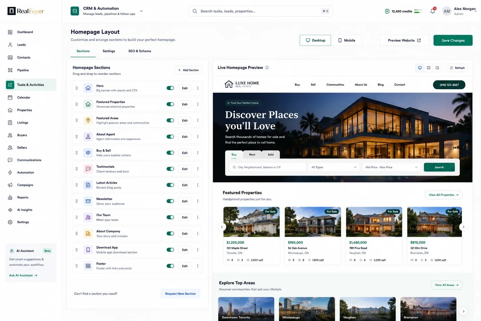 Homepage layout manager with section list