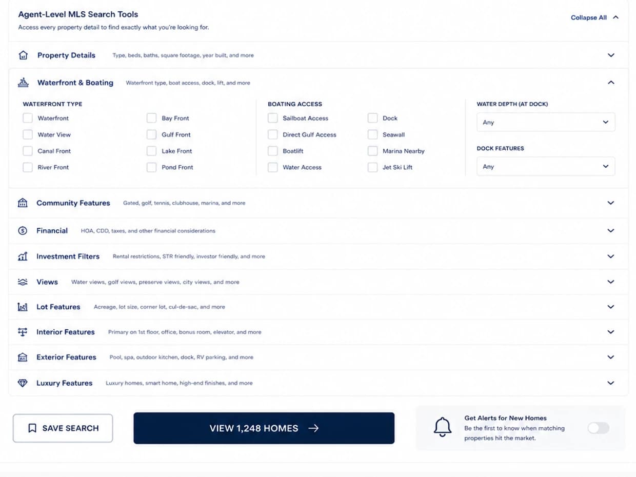 Agent-level MLS search tools with waterfront and boating filters expanded, alongside save search and new-listing alerts
