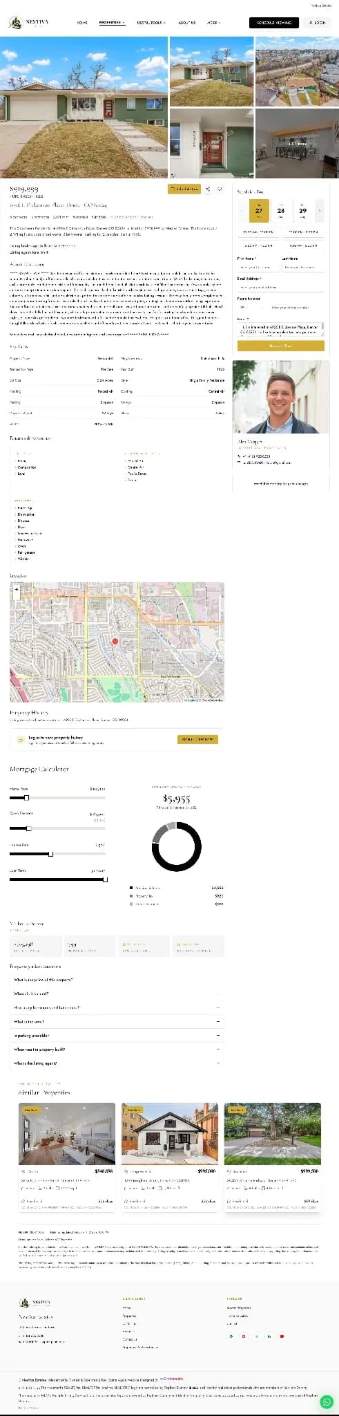 Property detail page with gallery, listing facts, agent contact, map and mortgage calculator