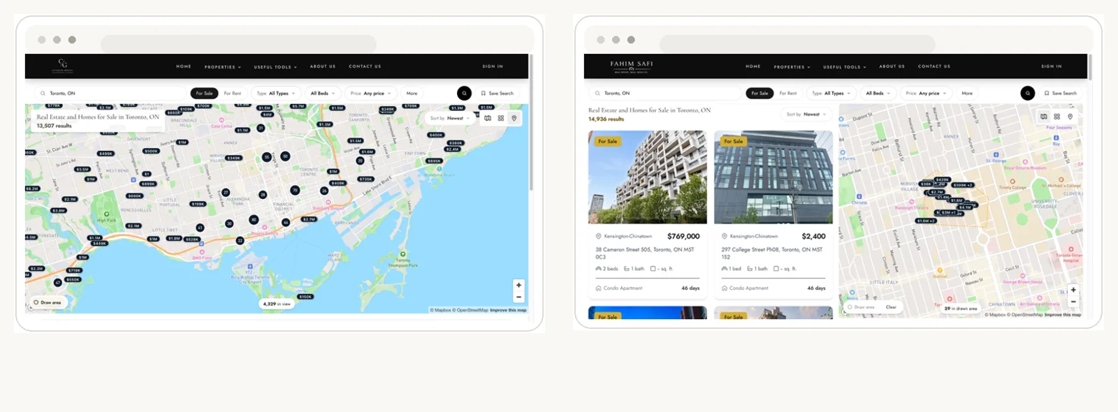 Full map search with price markers beside a combined list and map view with a drawn search area