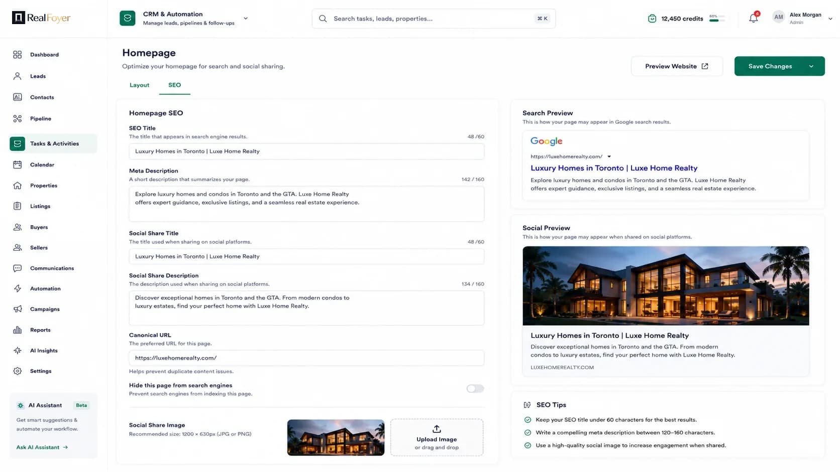 Homepage SEO settings with title, meta description, canonical URL and a Google search preview