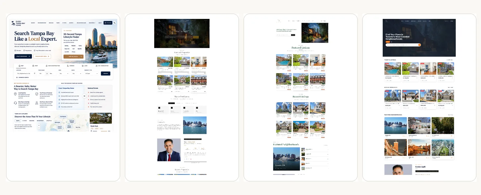 Four RealFoyer website themes shown as full pages