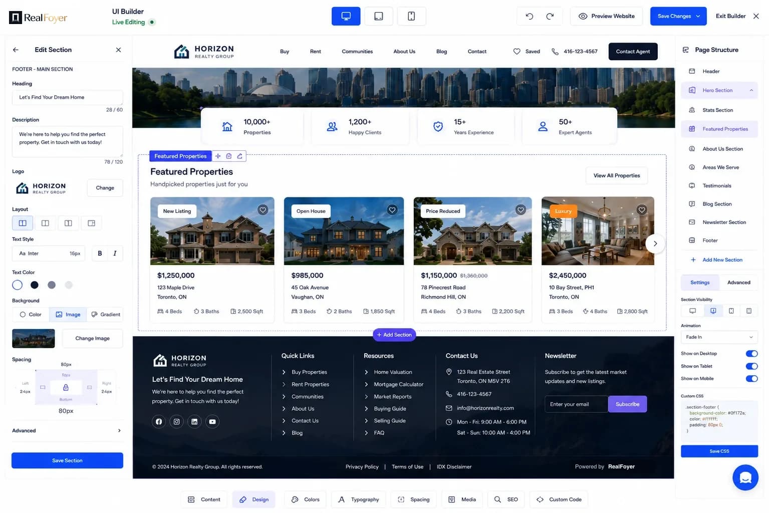 RealFoyer UI Builder editing a live homepage section with the page structure panel open