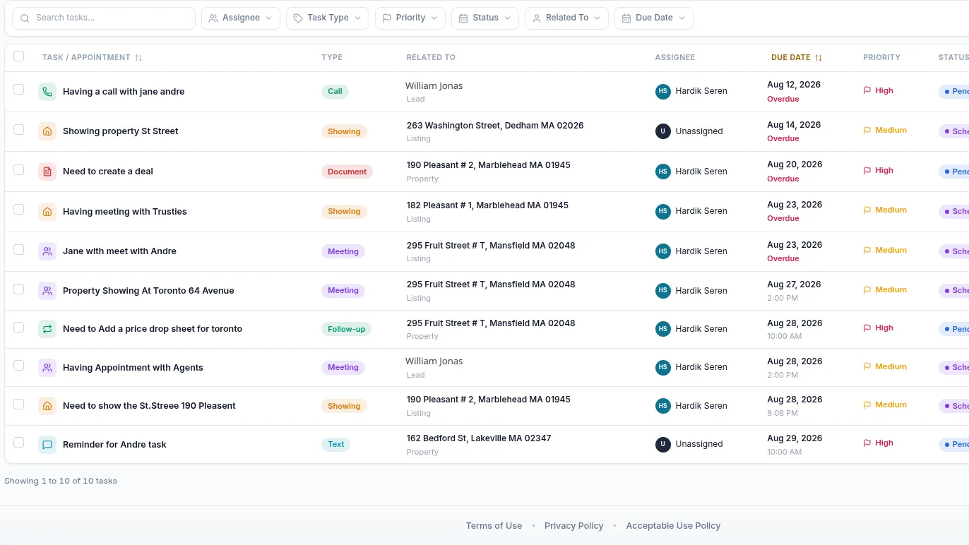 The task list, showing type, related record, assignee, due date, priority and reminder