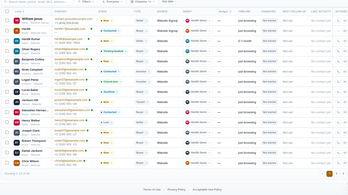 The leads table, showing stage, type, source, assigned agent and next follow-up columns