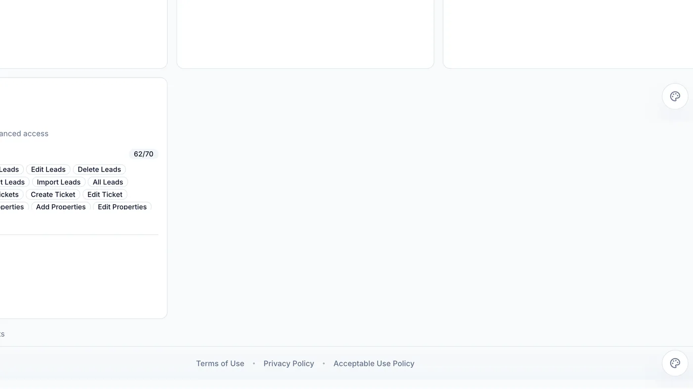 The roles and permissions screen, showing named roles with their user counts and permission sets