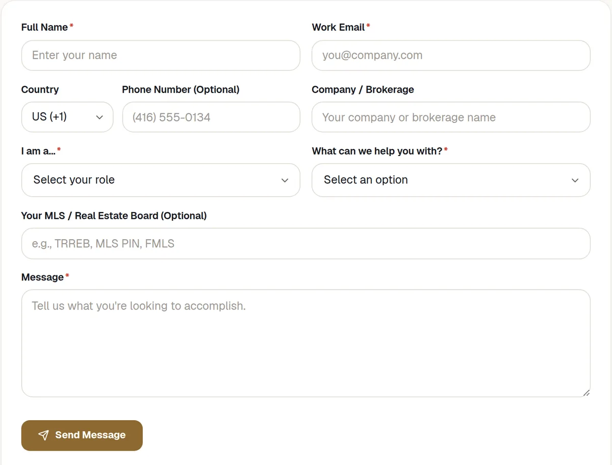 A RealFoyer enquiry form with name, work email, country and phone, role, enquiry type and MLS board fields