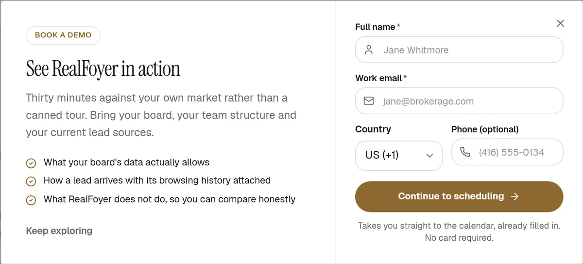 A RealFoyer lead-capture popup offering a demo, with a short form beside it