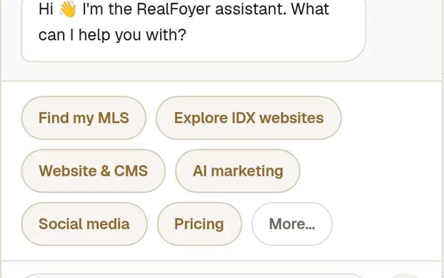 The RealFoyer website assistant, offering suggested topics and a message box