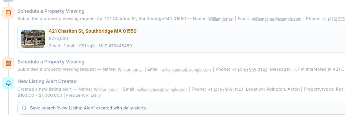 A lead's timeline showing a property viewing request with the listing's address, price, beds, baths and MLS number attached
