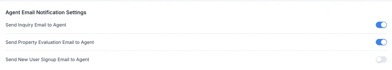 Agent email notification settings, with separate toggles for enquiries, property evaluations and new signups
