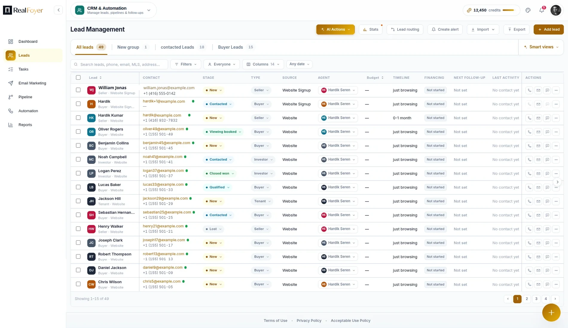 The RealFoyer leads table, showing each lead's name, type, source, assigned agent, stage and next follow-up