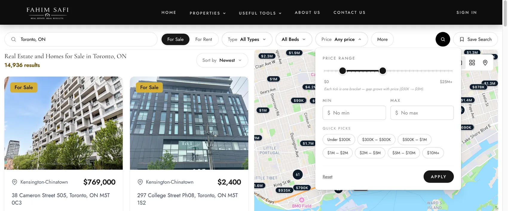 An IDX property search with filters, listing cards and a map