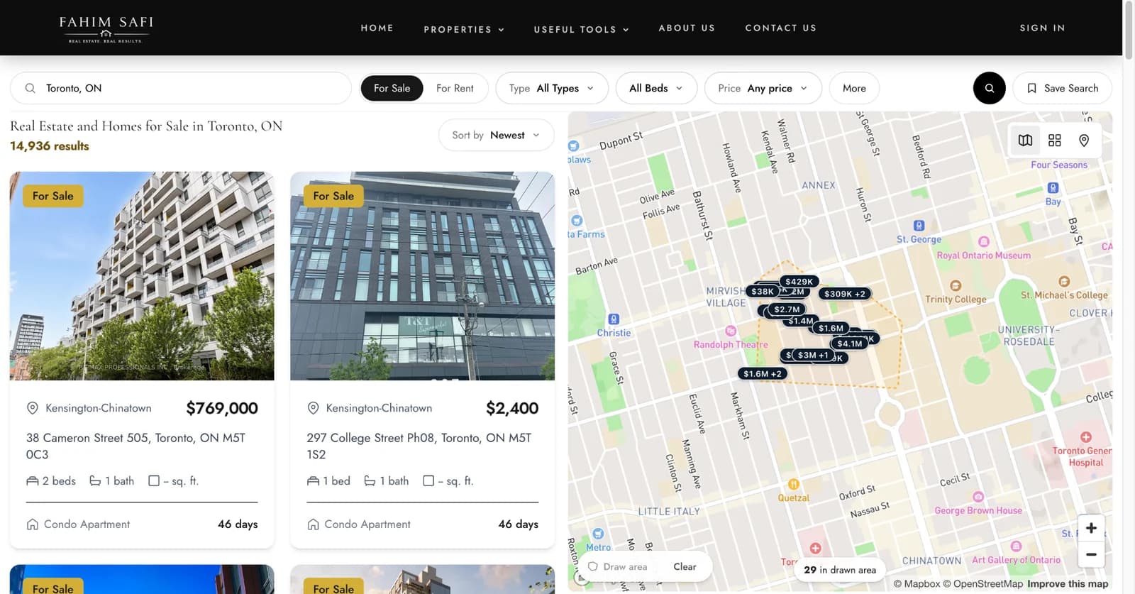 IDX listing cards showing price, address, beds, baths, property type and days on market