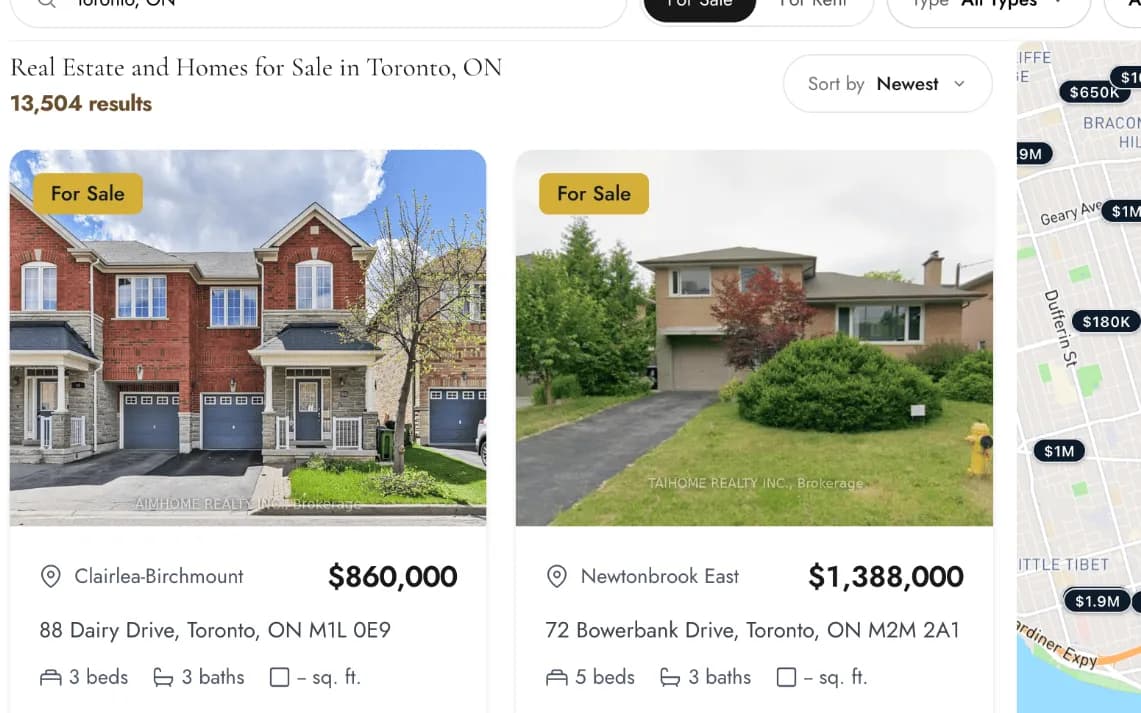 IDX listing cards showing price, address, beds, baths, property type and days on market