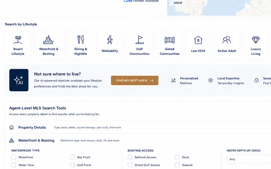 The advanced search page, showing lifestyle filters and collapsible groups of MLS search fields