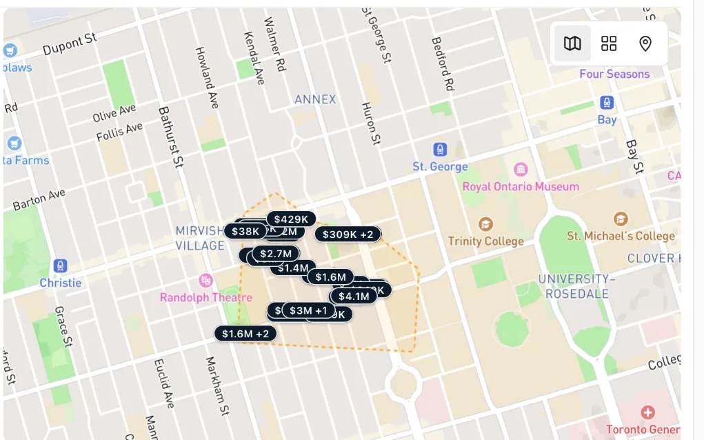 Map search with a hand-drawn area over Toronto and a count of the listings inside it