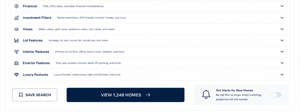 The save-search controls and the alert opt-in for new matching homes